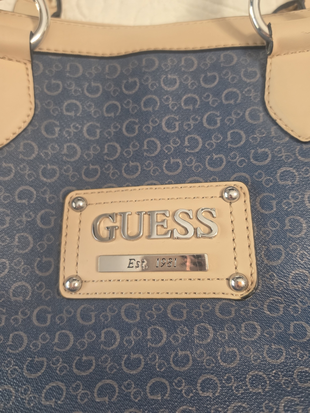 GUESS Blue Logo Tote with Beige Trim - Picture 2 of 9